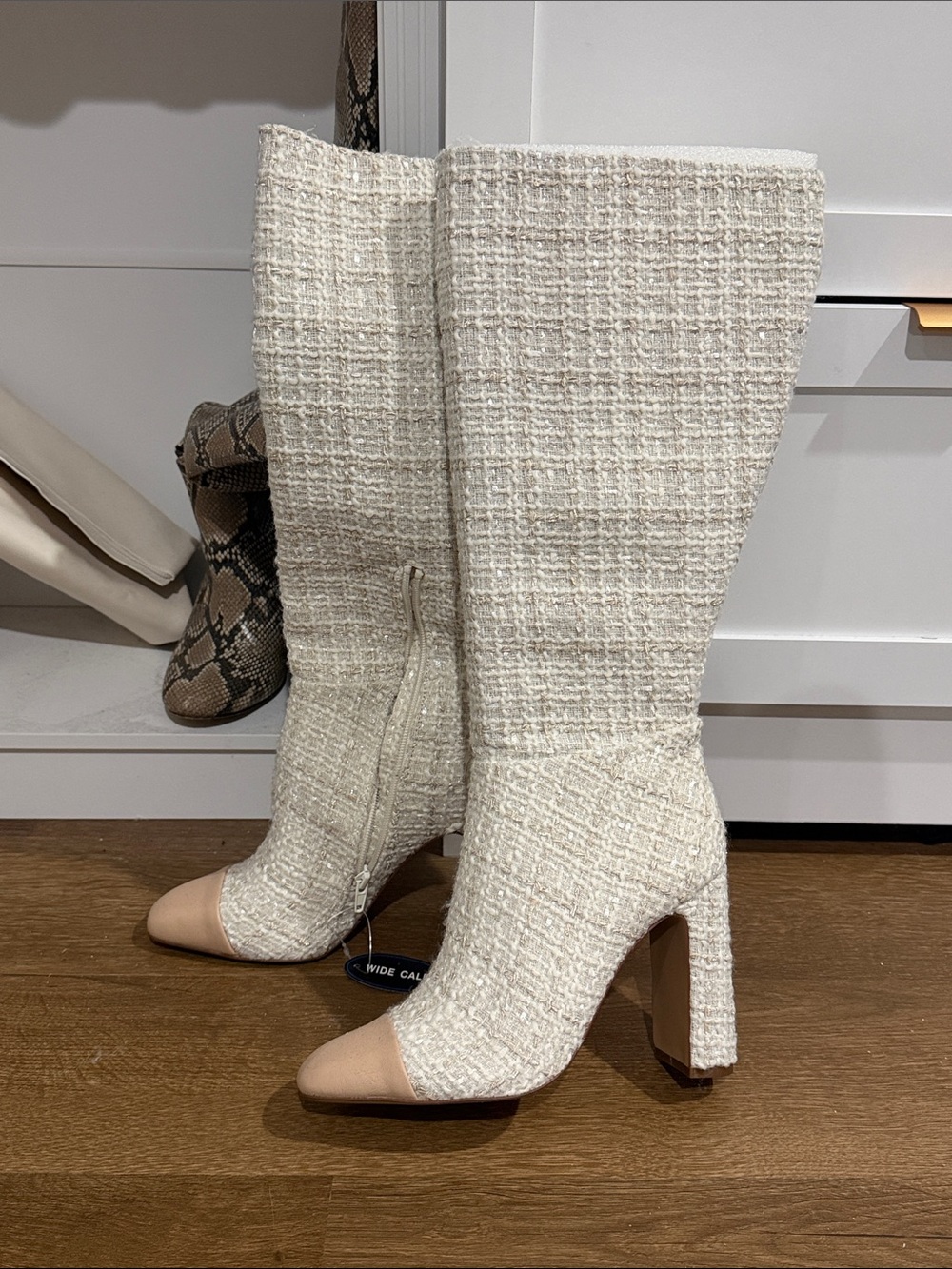 Steve Madden Cream Tweed Mid-Calf Boots with Nude Cap Toe size 8 wide calf NEW
